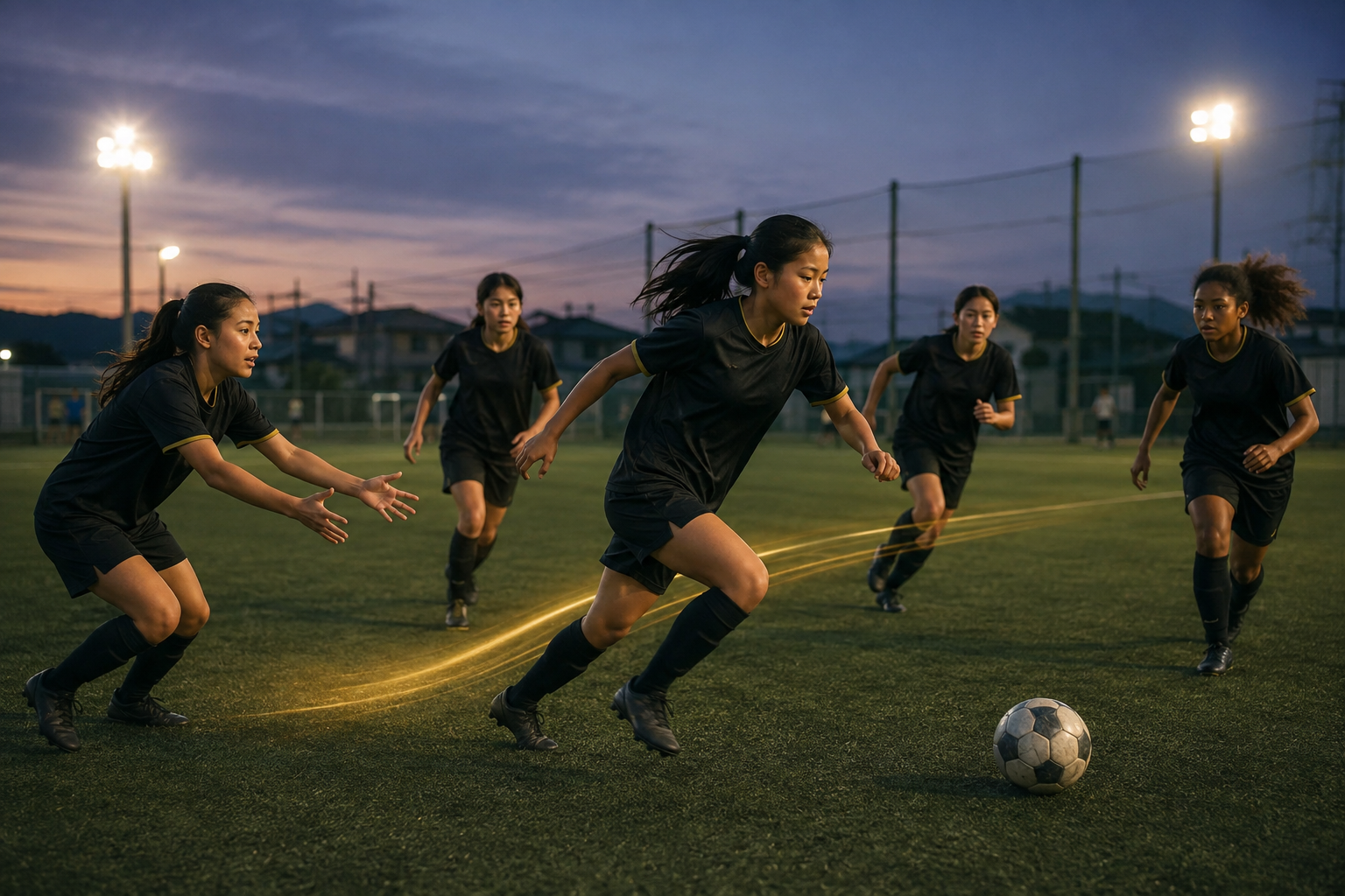 夕方のグラウンドで挑戦する女子U-15サッカー選手たち